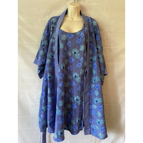 Y2K Contessa Di Roma  Lounge Set‎ L Kimono Robe Sleeveless Dress Blue Floral VTG - Picture 2 of 12
